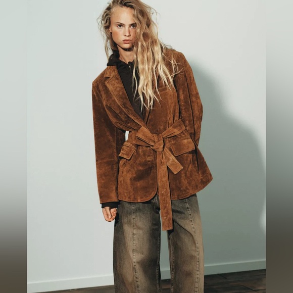 NWT ZW Zara Brown Pig Leather Suede Women's Jacket Blazer Belt M-L Toffee 4341 - Picture 1 of 7